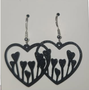Black heart earrings with mushroom design